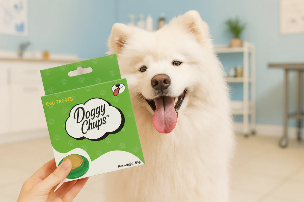White dog holding a green 'Doggy Chups' package in a vet setting