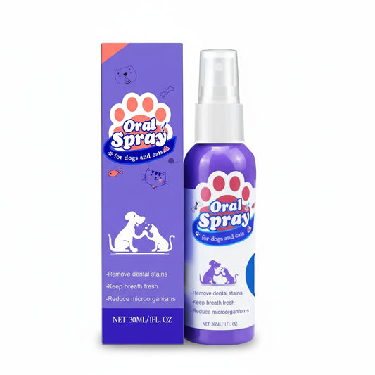 Oral spray for dogs and cats with purple packaging and white text on a white background