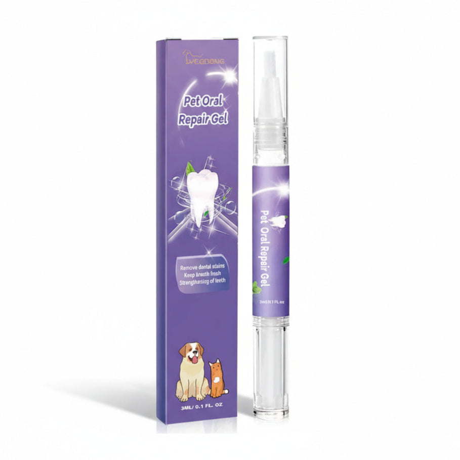 Pet Oral Repair Gel packaging with a purple box and clear gel applicator on a white background