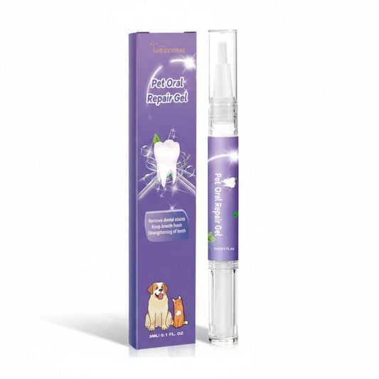 Pet Oral Repair Gel packaging with a purple box and clear gel applicator on a white background