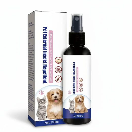 Pet external insect repellent spray bottle and packaging on a white background