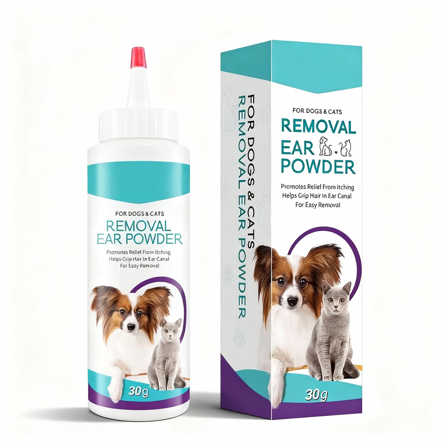 Pet ear powder bottle and packaging with images of a dog and cat on a white background