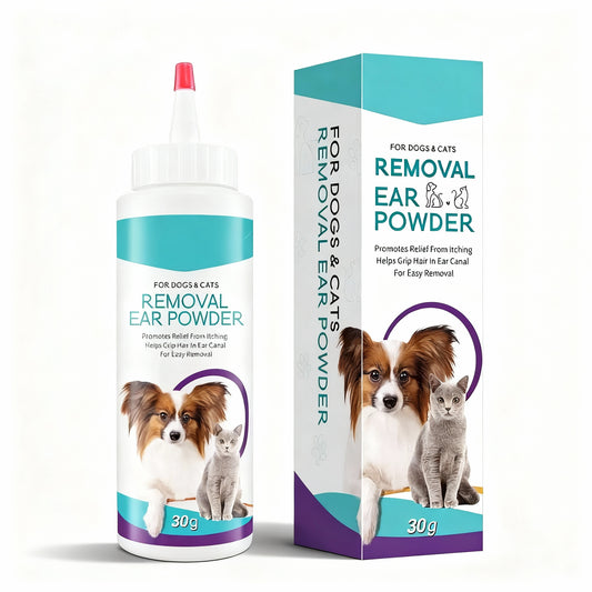 Pet ear powder bottle and packaging with images of a dog and cat on a white background