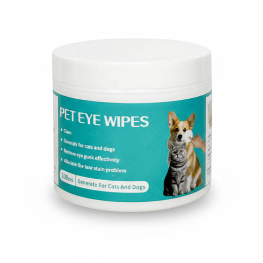 Jar of pet eye wipes with a label on a white background
