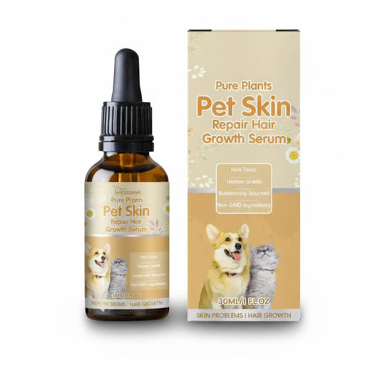 Pet Skin Repair Hair Growth Serum with bottle and packaging on a white background