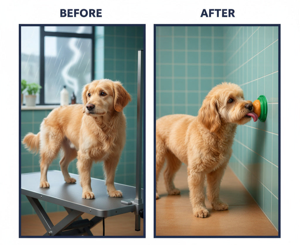 Before and after comparison of a dog using a pet ramp in a bathroom setting.