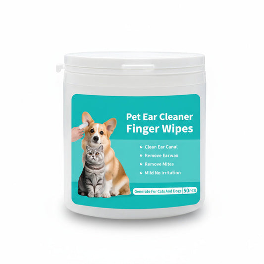 Pet ear cleaner finger wipes container with images of a dog and cat on a white background