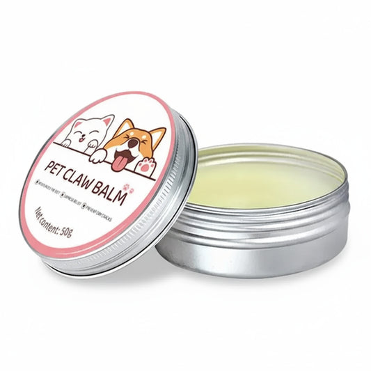 Pet claw balm with a pink lid featuring cartoon animals on a white background